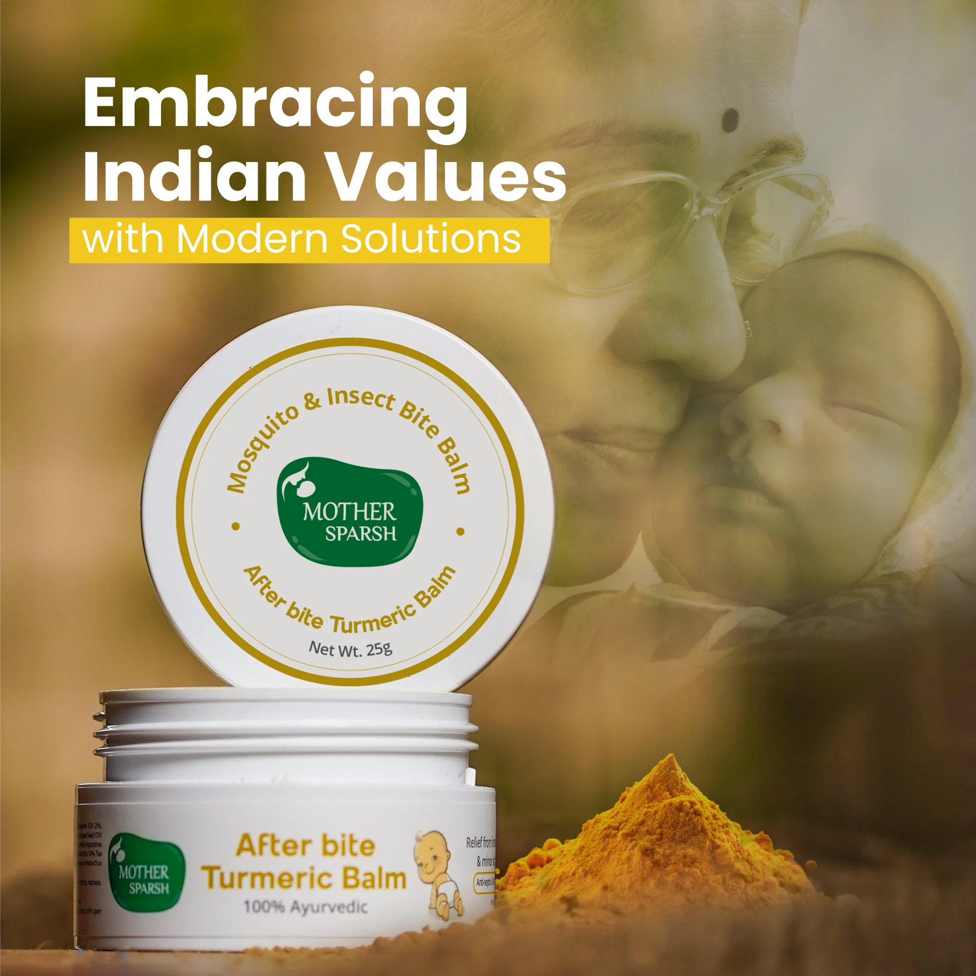 Turmeric-based after-bite balm providing a modern solution for soothing mosquito bites in babies.