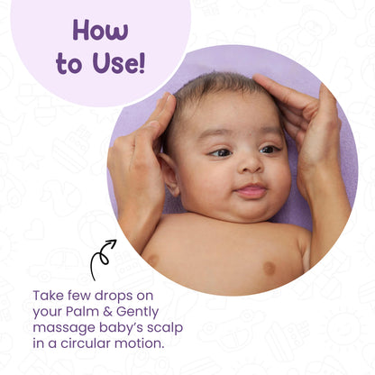 How to use Mother Sparsh hair oil: Parent gently massaging a baby's scalp in a circular motion for baby head massage and scalp nourishment.