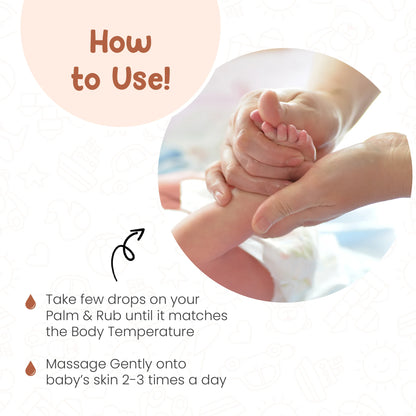 Parent massaging a baby with Mother Sparsh oil, highlighting the quick-absorbing, lightweight, and non-sticky texture for delicate baby skin.