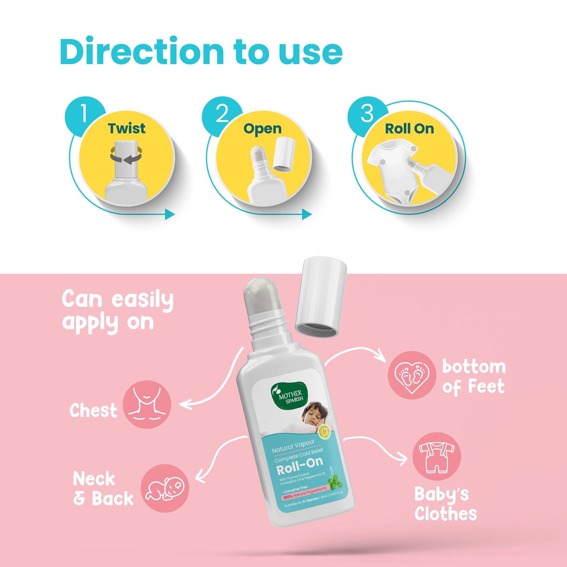 Step-by-step guide on how to use Mother Sparsh Vapour Roll-On for baby cold relief