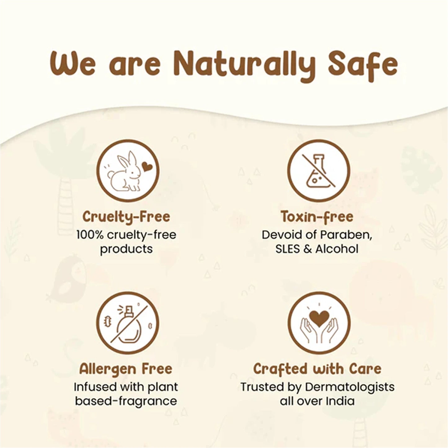 Mother Sparsh baby care safety icons highlighting cruelty-free, toxin-free, allergen-free and dermatologist trusted products for newborn babies.