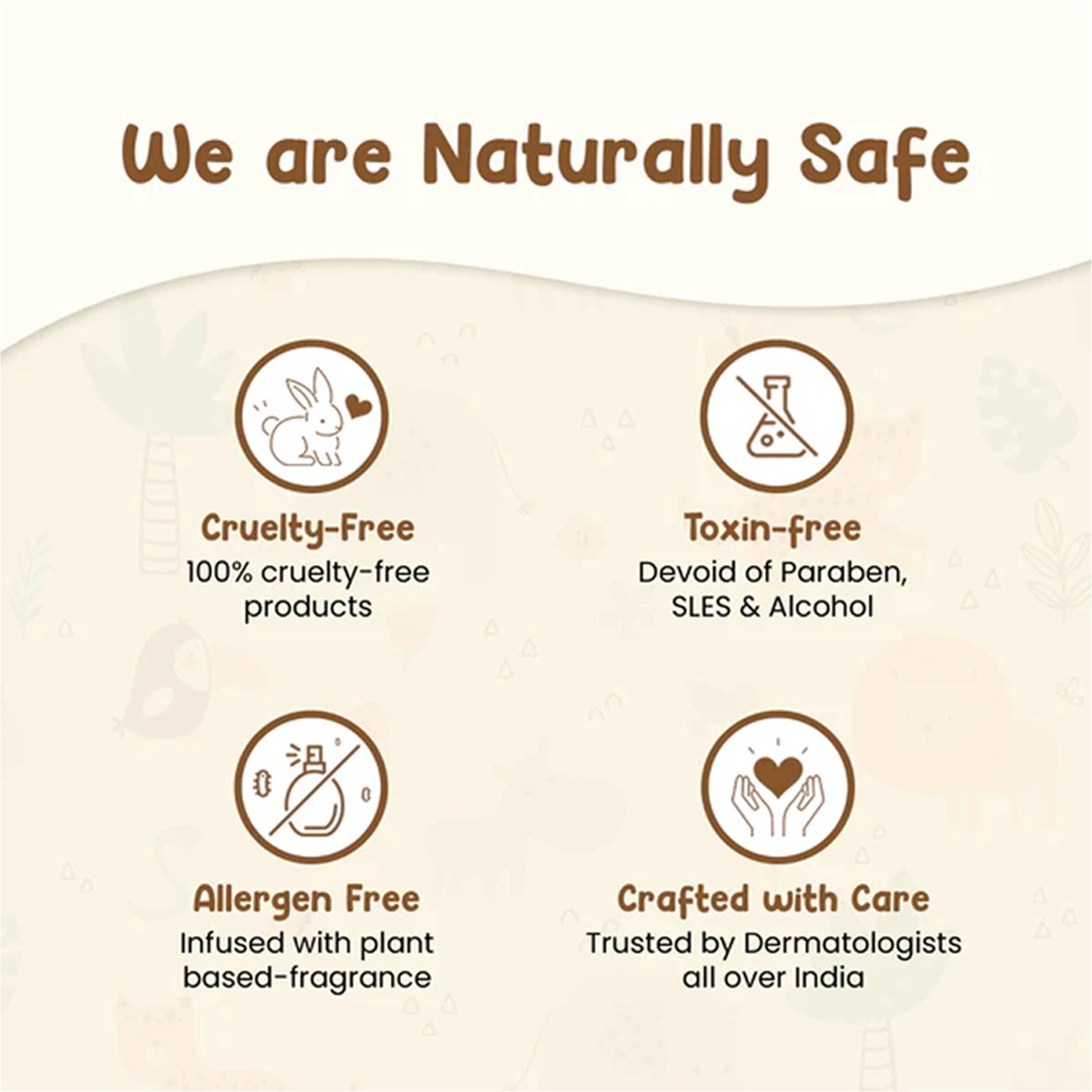 Mother Sparsh baby care safety icons highlighting cruelty-free, toxin-free, allergen-free and dermatologist trusted products for newborn babies.