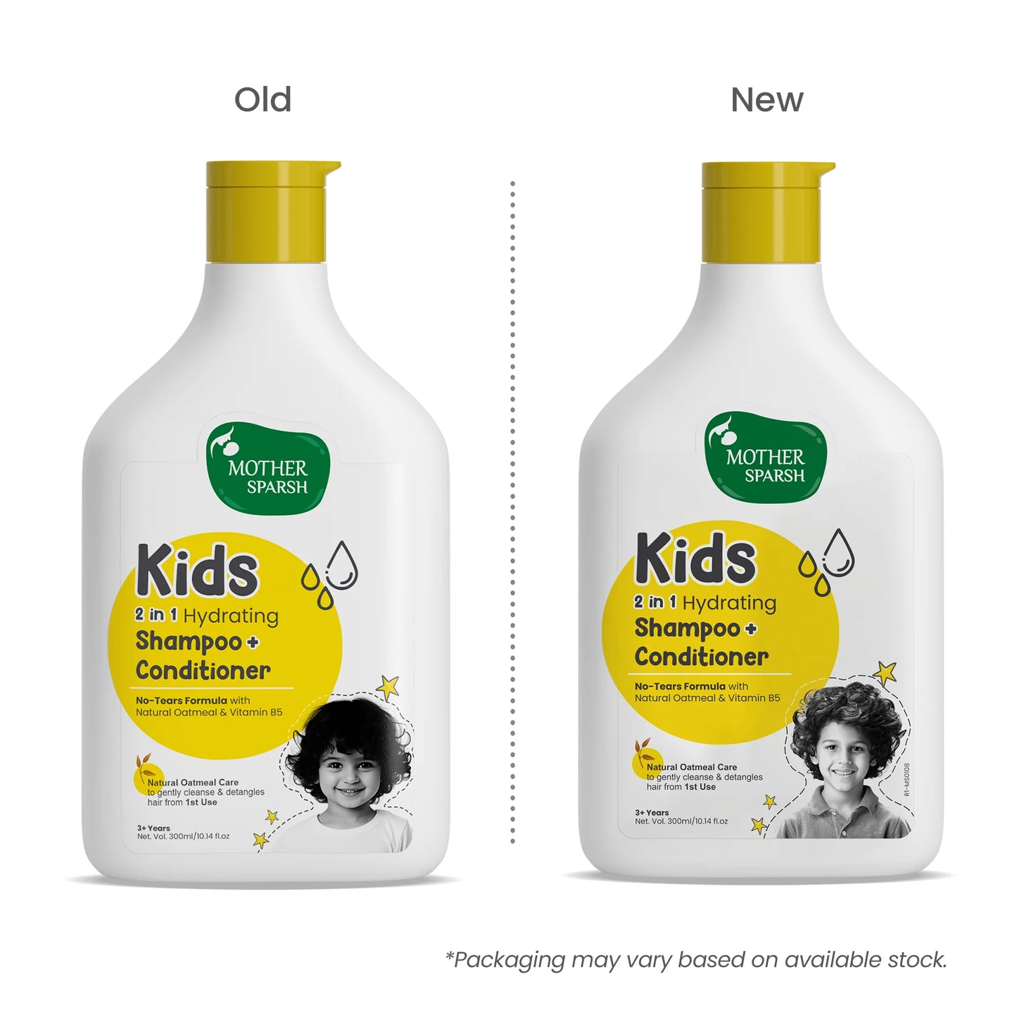 Comparison of old and new packaging for Mother Sparsh kids 2 in 1 hydrating shampoo.