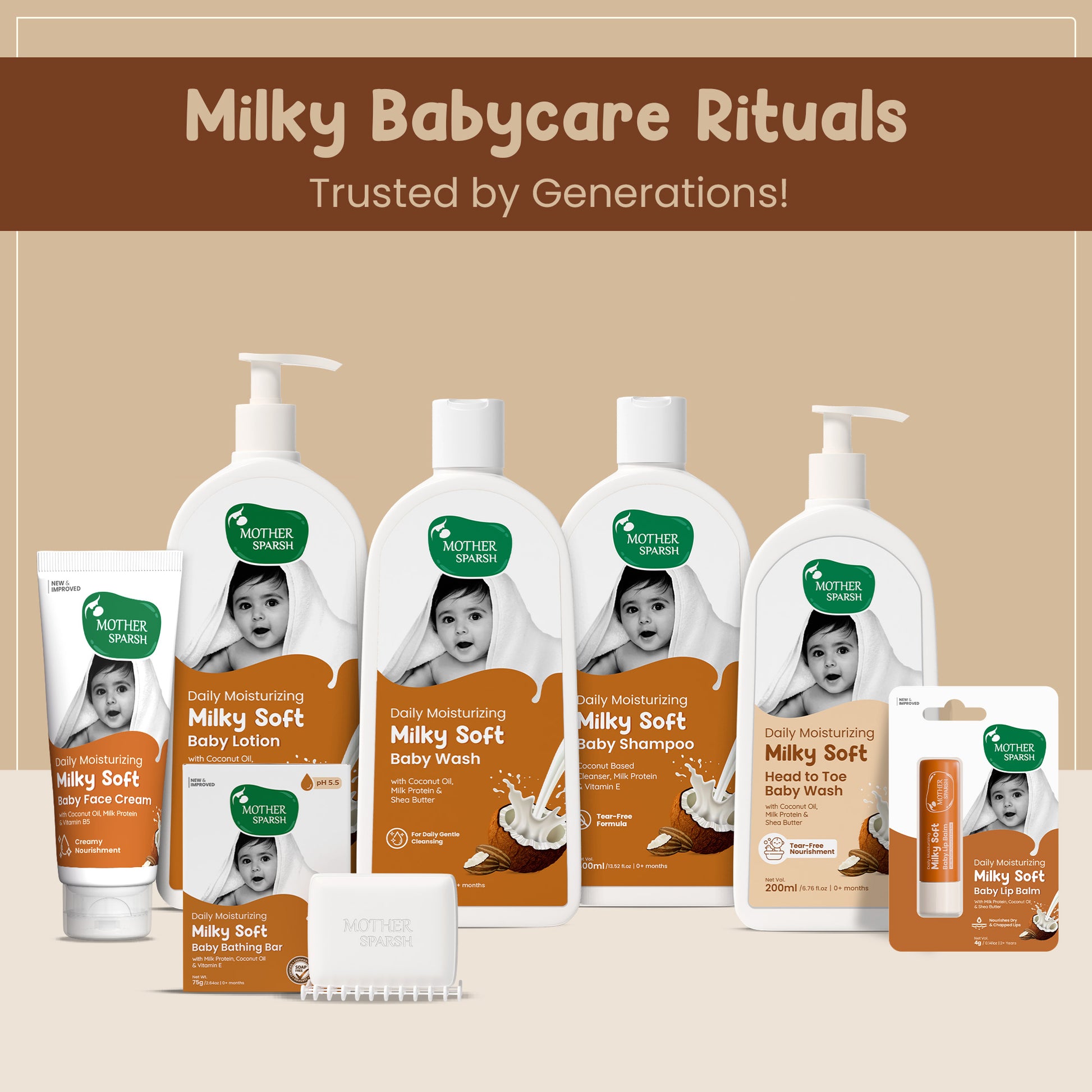 Mother Sparsh Milky Soft Babycare Range with Coconut Oil and Milk Protein for Gentle Daily Moisturization