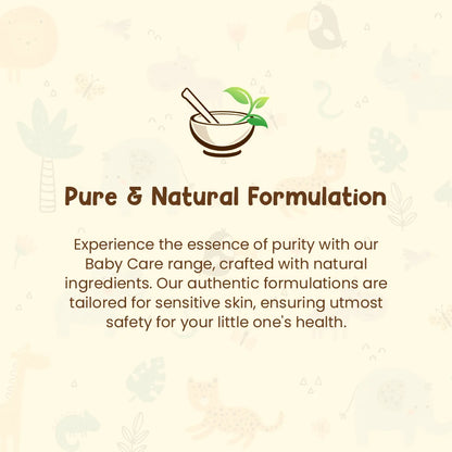Image featuring an icon of a mortar and pestle with leaves, emphasizing the pure and natural formulation of the Mother Sparsh baby care range, crafted for sensitive skin