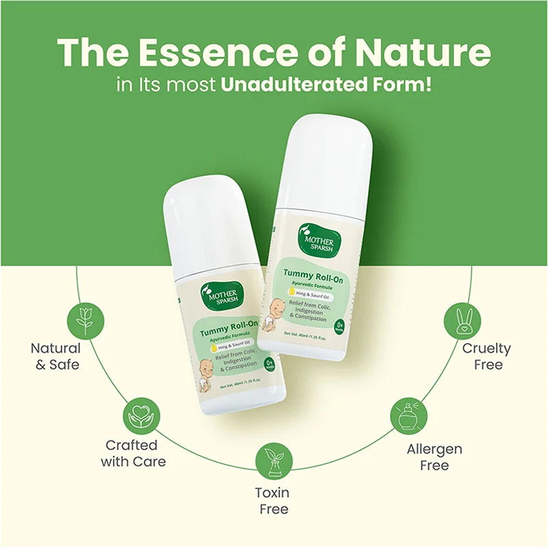 Mother Sparsh Tummy Roll On features: natural, safe, toxin-free, and allergen-free Ayurvedic formula.