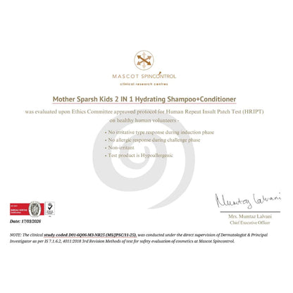 Clinical research certificate from Mascot Spincontrol for Mother Sparsh hypoallergenic kids shampoo.