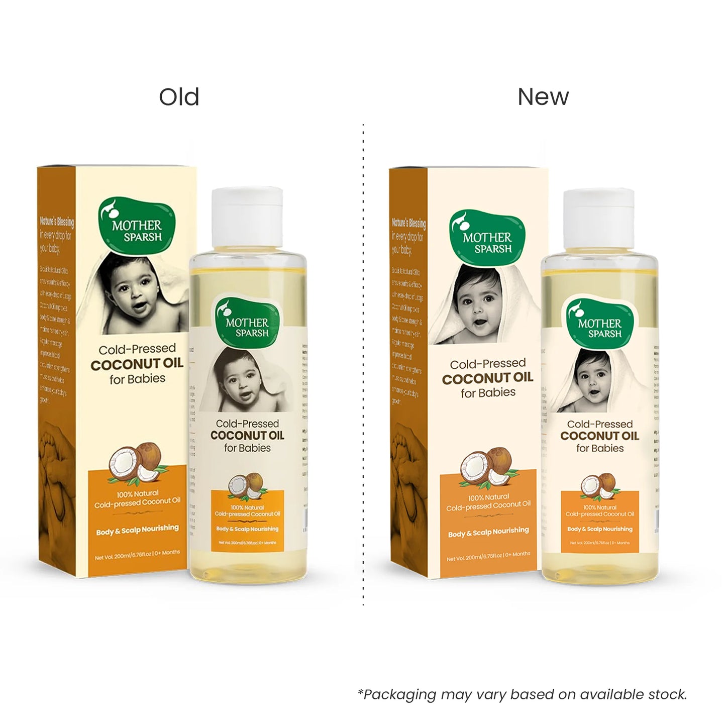 Comparison image showing the old and new packaging of Mother Sparsh Cold-Pressed Coconut Oil for Babies, confirming the product remains the same with body and scalp nourishing benefits.