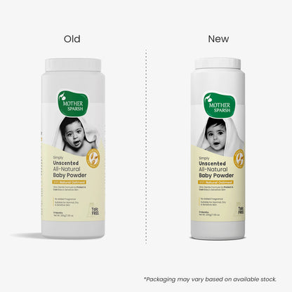 Mother Sparsh Simply Unscented All-Natural Baby Powder comparison showing the old vs new packaging design for the talc-free formula with natural oatmeal.