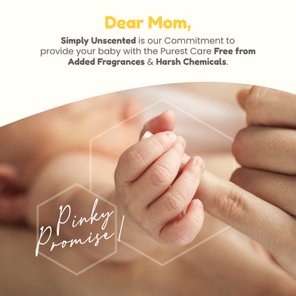 pinky promise to mothers that simply unscented skincare will provide your baby with purest care free from added fragrance and harsh chemicals