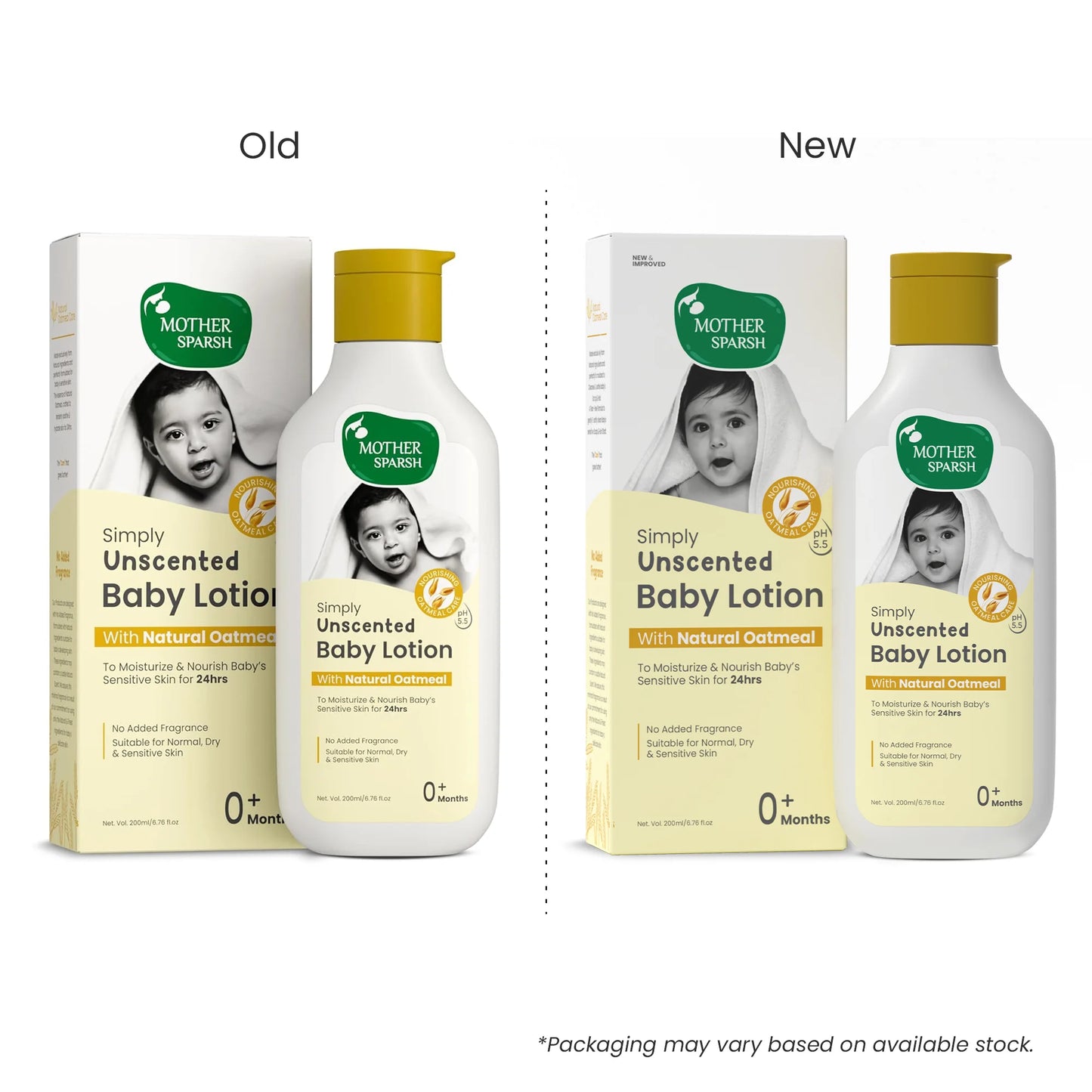Comparison image of Mother Sparsh Simply Unscented Baby Lotion 200ml showing the Old and New packaging design.