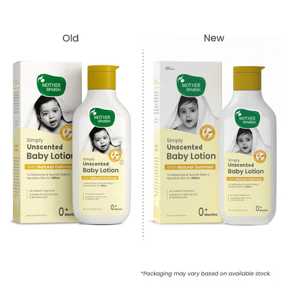 Comparison image of Mother Sparsh Simply Unscented Baby Lotion 200ml showing the Old and New packaging design.