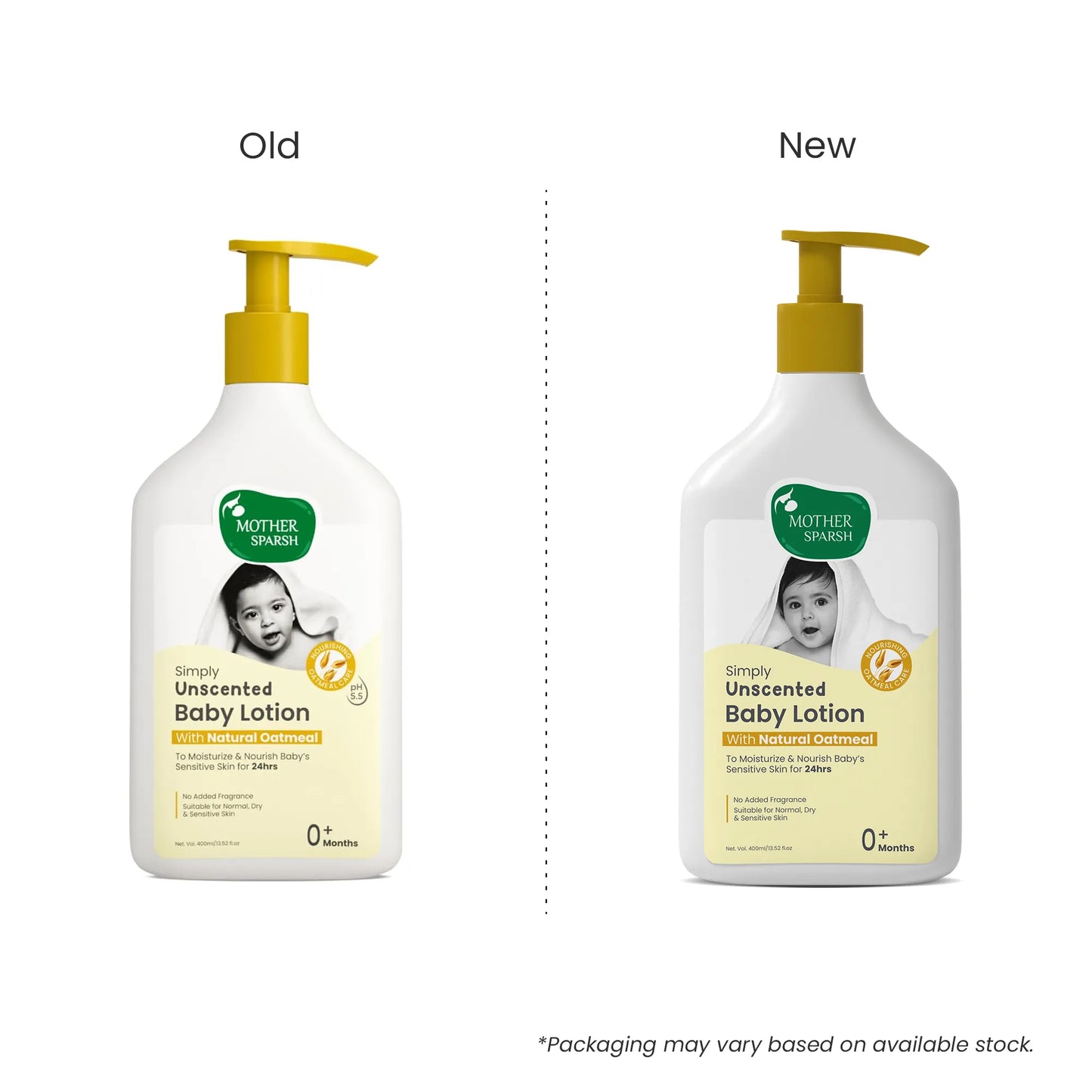 Comparison image showing the Old and New packaging design of the Mother Sparsh Simply Unscented Baby Lotion 400ml pump bottle