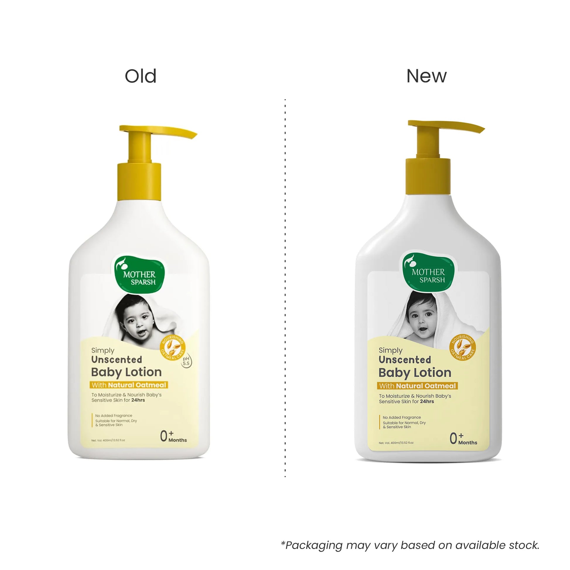 Comparison image showing the Old and New packaging design of the Mother Sparsh Simply Unscented Baby Lotion 400ml pump bottle