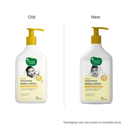 Comparison image showing the Old and New packaging design of the Mother Sparsh Simply Unscented Baby Lotion 400ml pump bottle