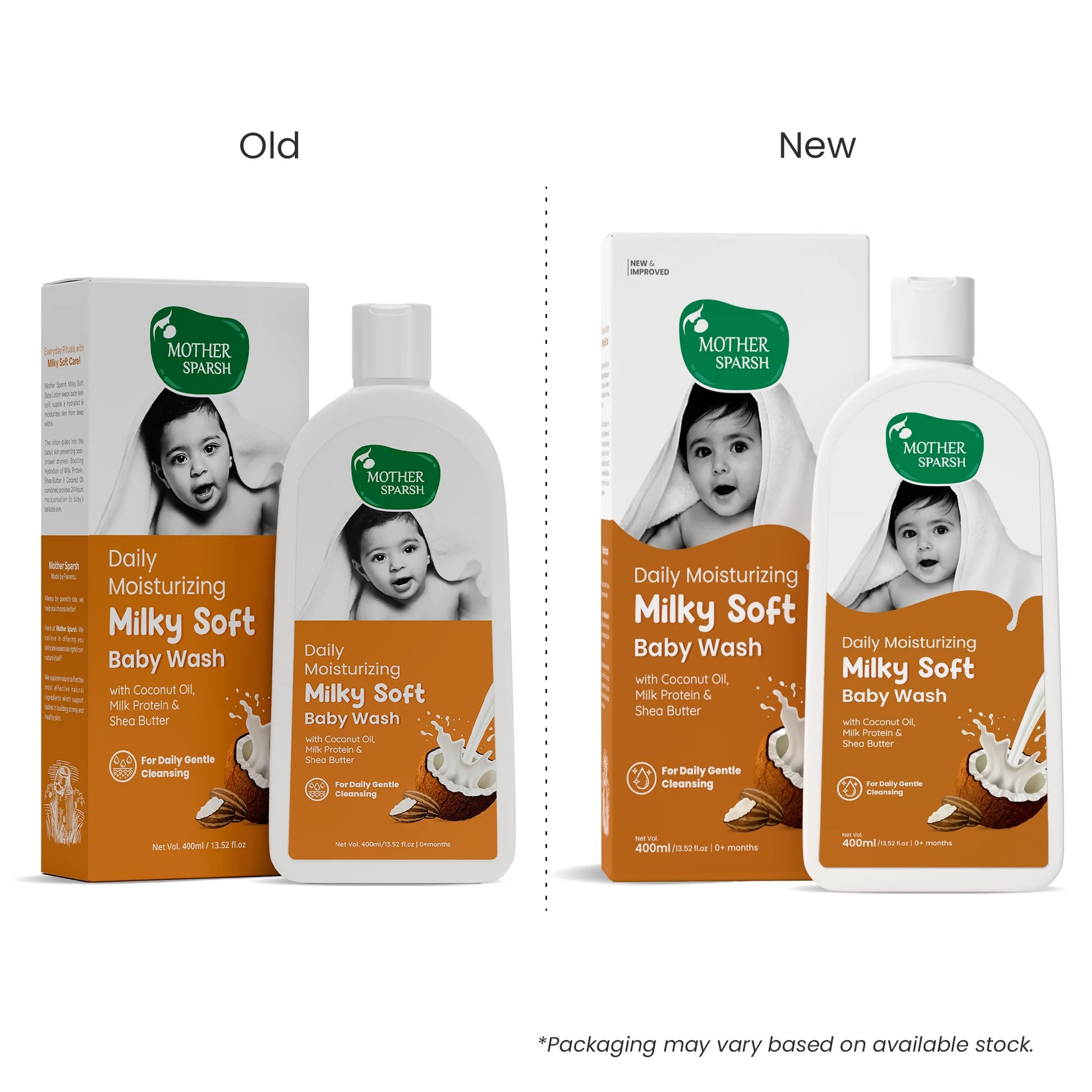 A comparison of the old and new packaging for Mother Sparsh Milky Soft Baby Wash 400ml, showing the updated "NEW & IMPROVED" design. The image highlights the packaging changes while confirming the product's size and key ingredients.