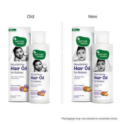 Old versus New packaging comparison for Mother Sparsh Nourishing Hair Oil for Babies, showing the improved formula updated from Walnut, Saffron, and Rosemary to Rosemary and Walnut.