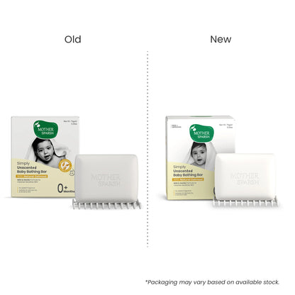 Comparison image of the Mother Sparsh Simply Unscented Baby Bathing Bar showing both the Old and New packaging designs, highlighting the continued Natural Oatmeal formula for sensitive baby skin.