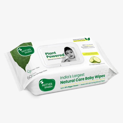 Mother Sparsh Plant Powered Natural Care Baby Wipes (60 sheets) made with 98% Pure Water and Fresh Cucumber Extracts.