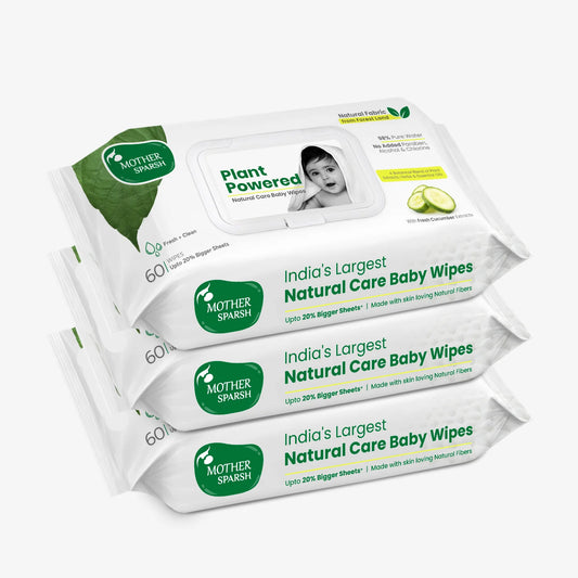 Mother Sparsh Natural Care Baby Wipes pack of 3, featuring Plant Powered natural fabric, 98% Pure Water, and cucumber extracts.