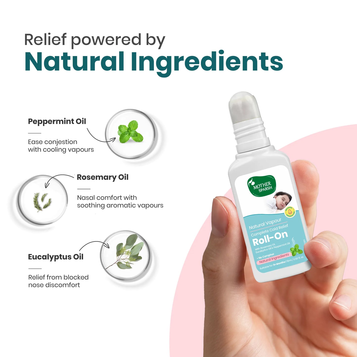 Effective baby cold relief with natural ingredients in Mother Sparsh Vapour Roll-On.