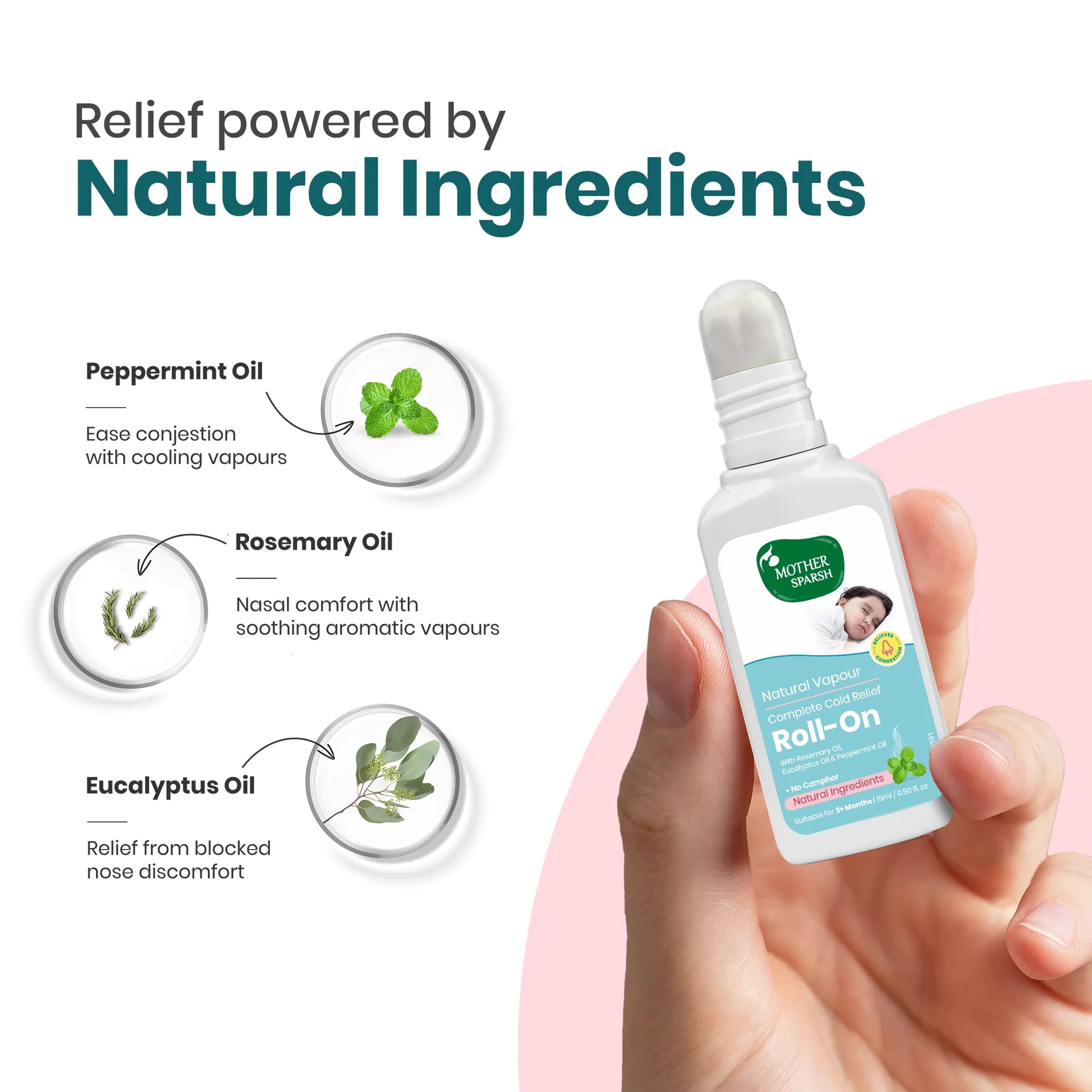 Effective baby cold relief with natural ingredients in Mother Sparsh Vapour Roll-On.