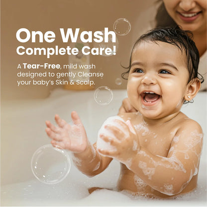 Mom gently applying fragrance-free baby wash to baby's skin