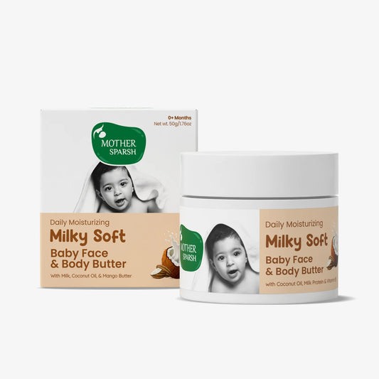 Mother Sparsh Milky Soft Face and Body Butter with product and packaging, designed for gentle and nourishing baby skincare.