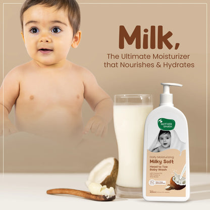 Mother Sparsh Milky Soft Baby Wash enriched with milk, the natural moisturizer that nourishes and hydrates