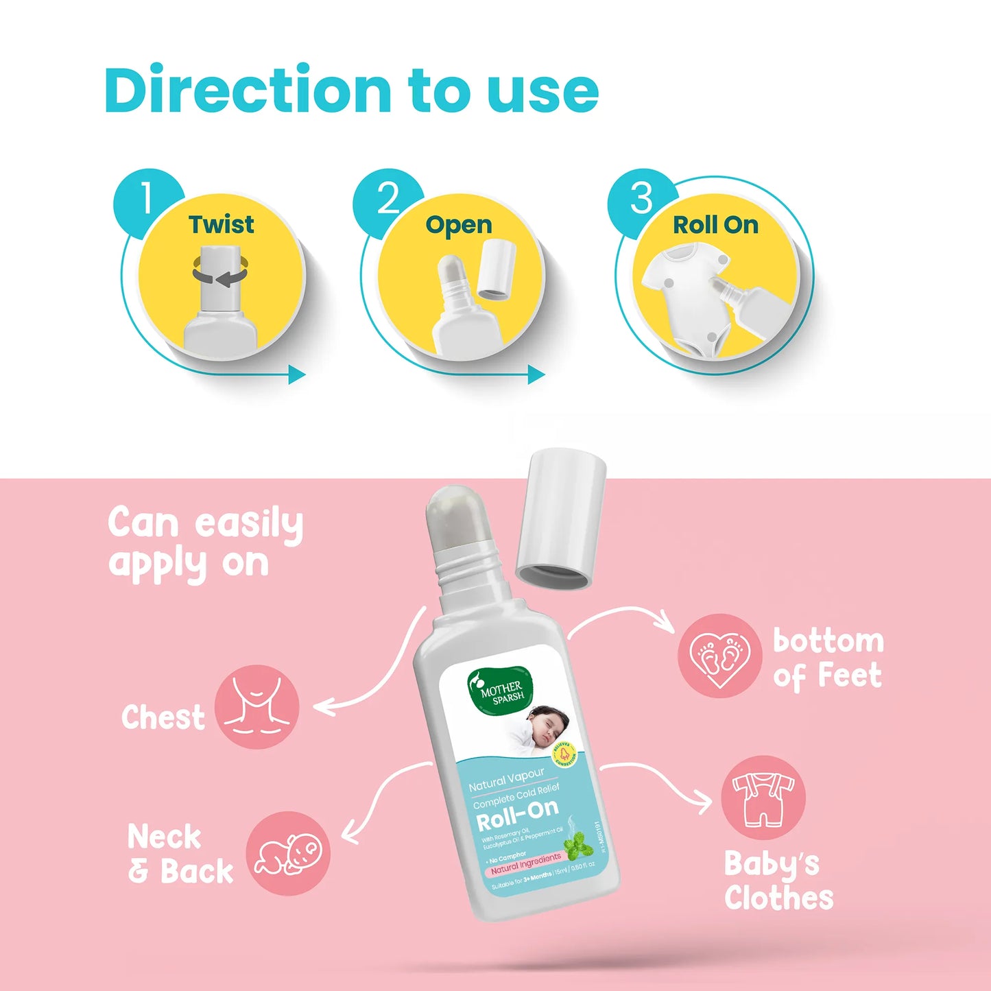 Step-by-step guide on how to use Mother Sparsh Vapour Roll-On for baby cold relief