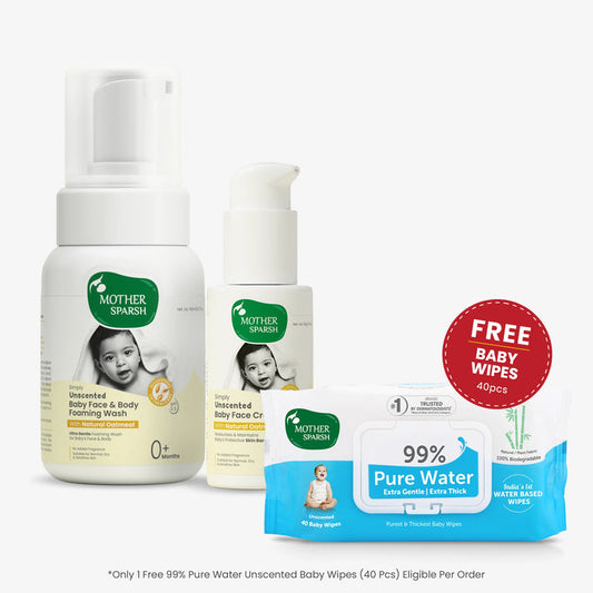 Mother Sparsh Unscented Baby Face and Body Foaming Wash with Baby Face Cream Combo & with Free Baby wipes