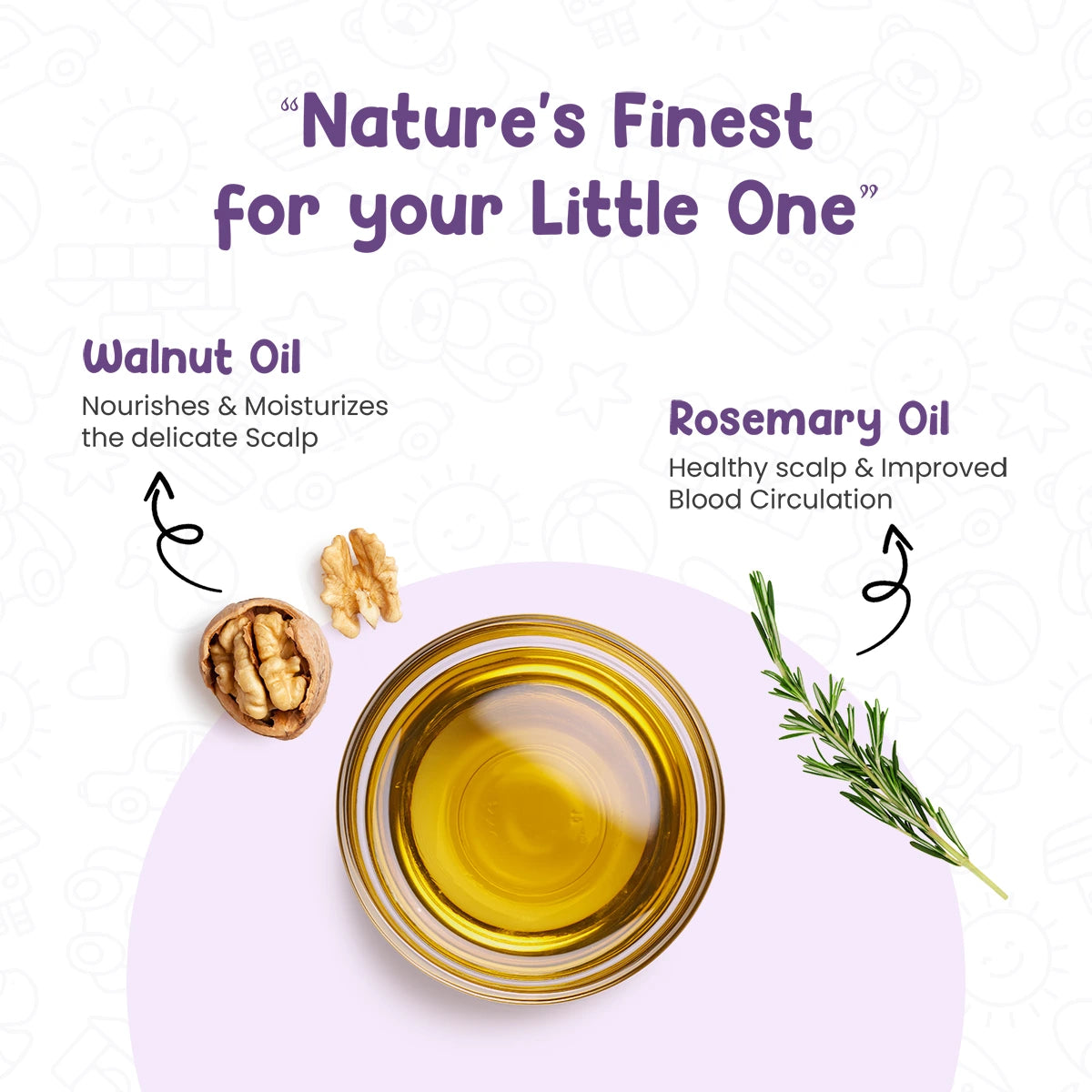 Natural baby hair oil with walnut and rosemary oil for nourishing scalp, improving circulation, and gentle baby hair care