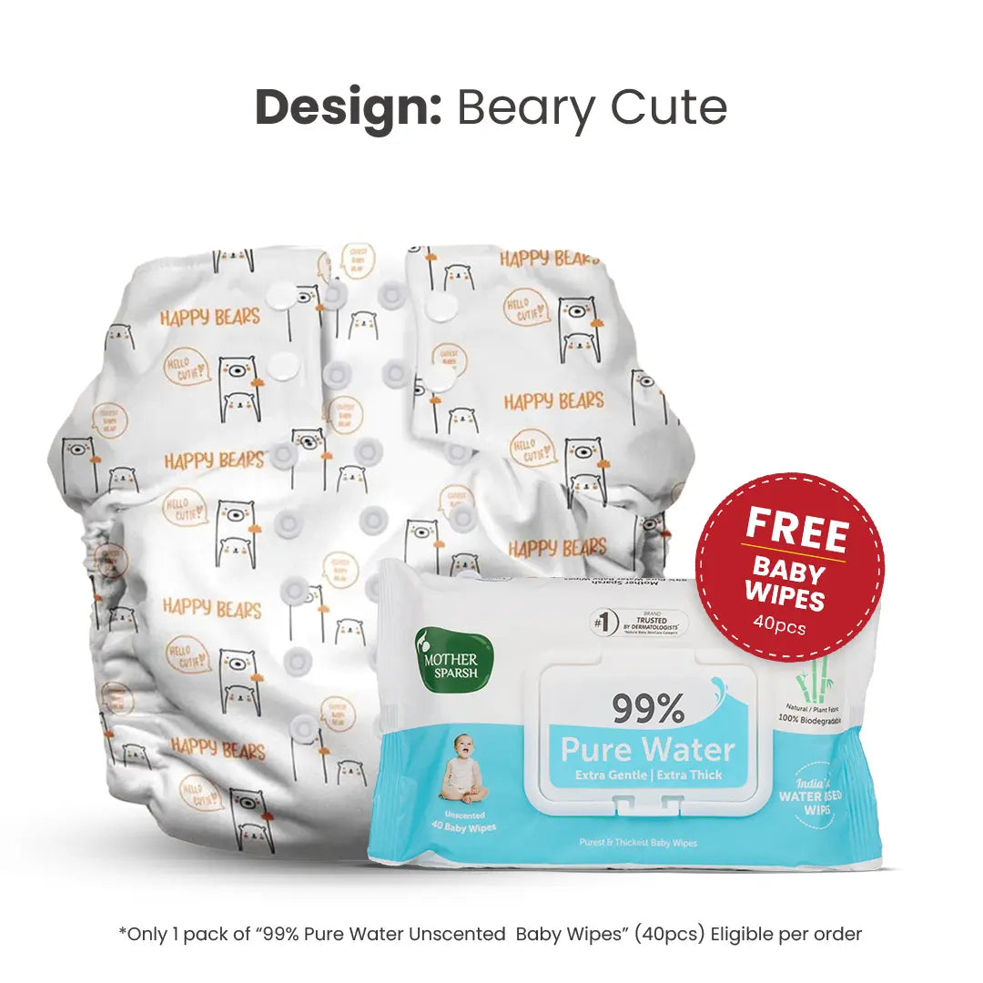 Mother Sparsh Beary Cute baby cloth diaper with free wipes