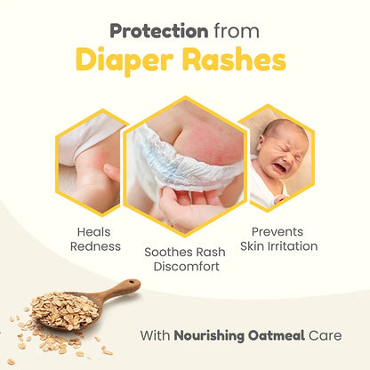 An infographic showing the benefits of Mother Sparsh diaper rash cream which heals redness, soothes rash discomfort, and prevents skin irritation with nourishing oatmeal care.