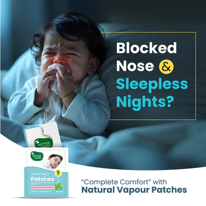 Crying baby with blocked nose; Mother Sparsh natural vapour patches relieve nasal congestion for sleepless nights