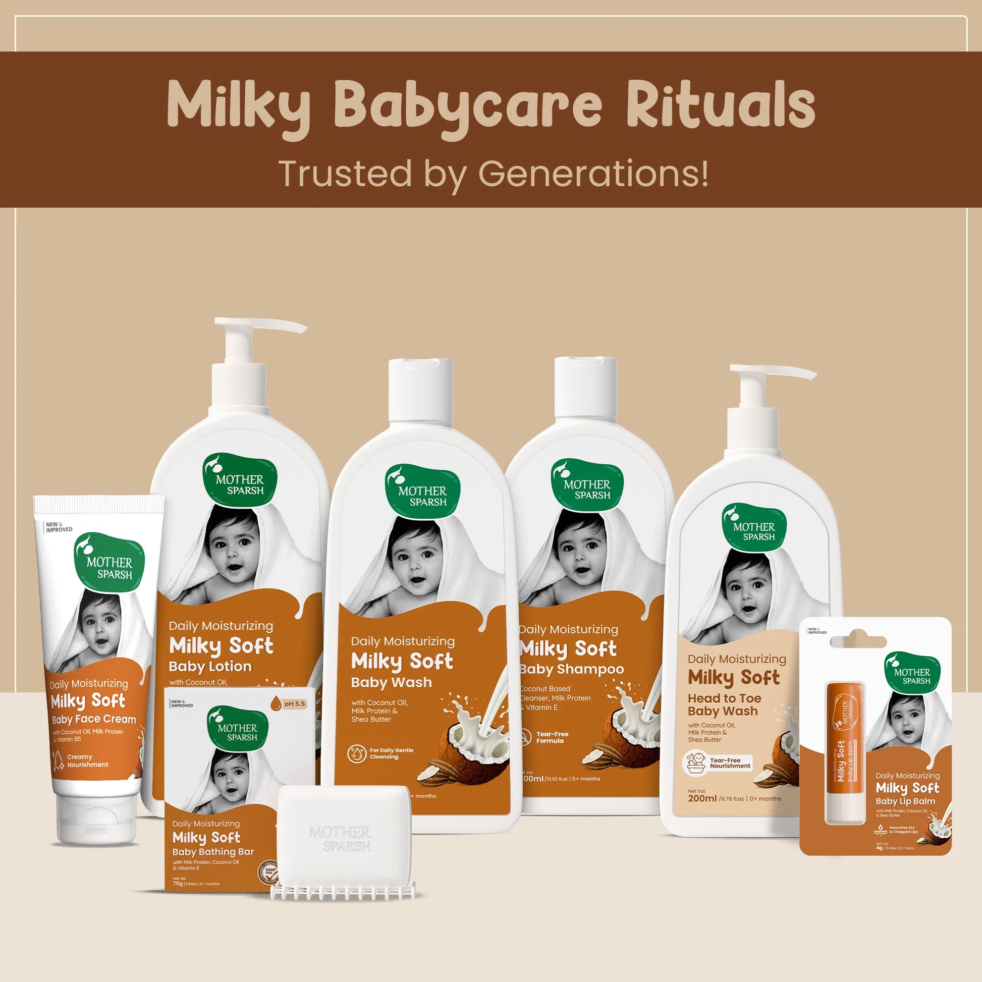 Complete Baby Care Range by Mother Sparsh – Milky Soft Lotion, Shampoo, Face Cream, and Head to Toe Baby Wash