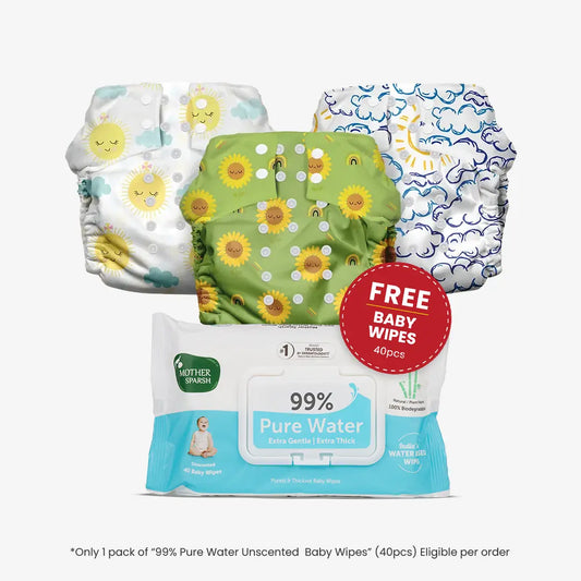 Mother Sparsh Cloth Diaper pack of 3 with Free Baby Wipes Pack