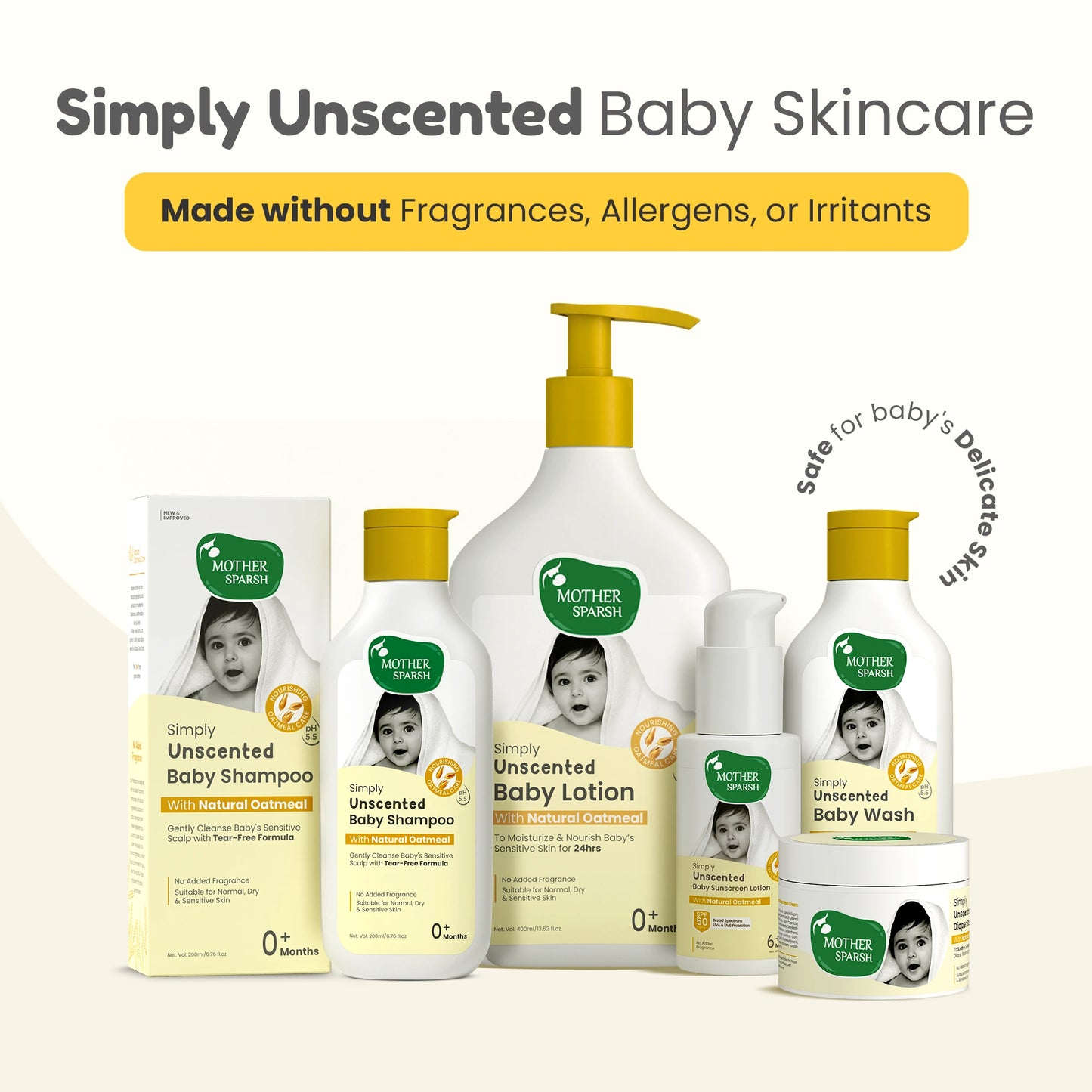 Mother Sparsh Simply Unscented baby skincare range including baby wash, shampoo, lotion, and cream made with natural oatmeal and safe for sensitive skin.
