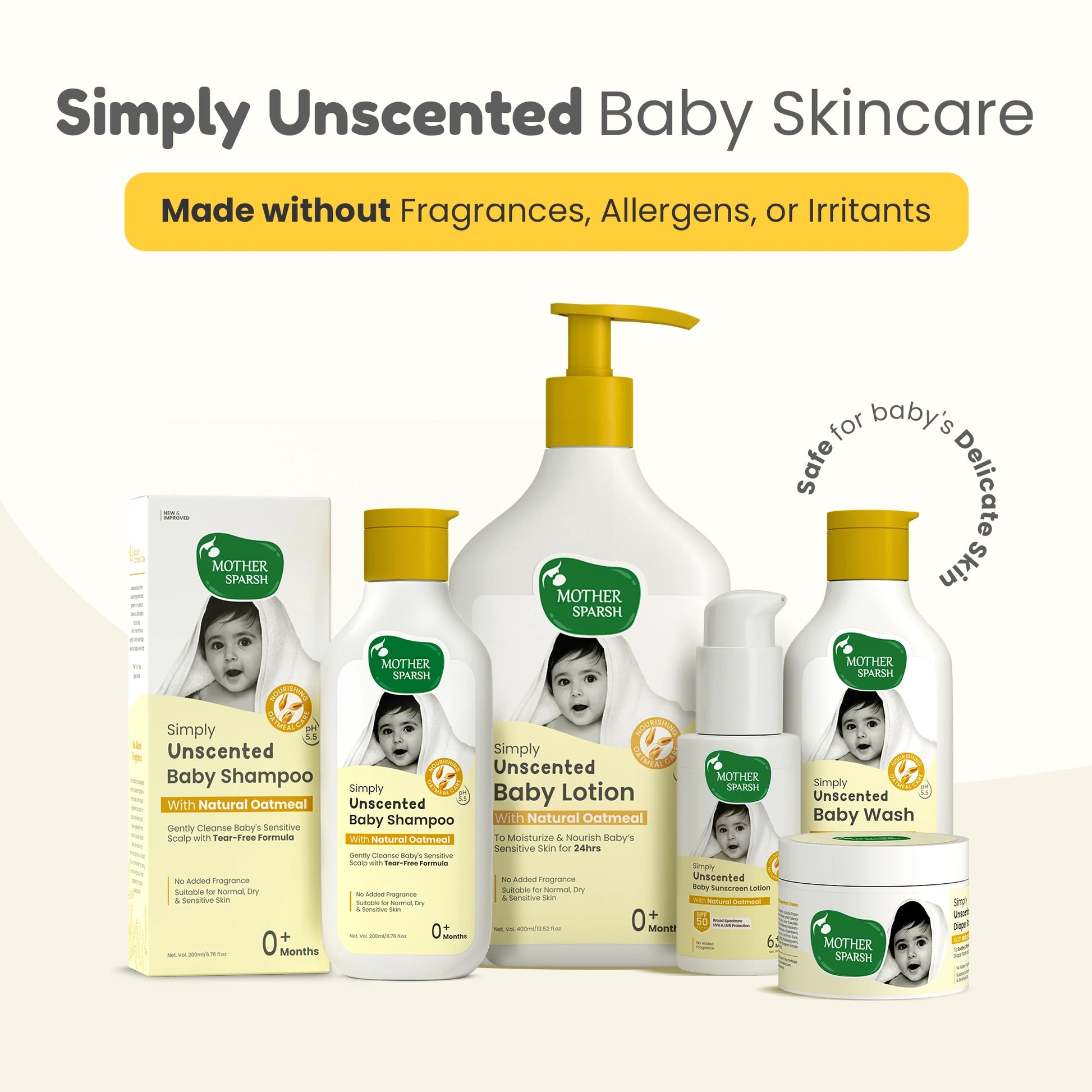 Mother Sparsh Simply Unscented baby skincare range including baby wash, shampoo, lotion, and cream made with natural oatmeal and safe for sensitive skin.