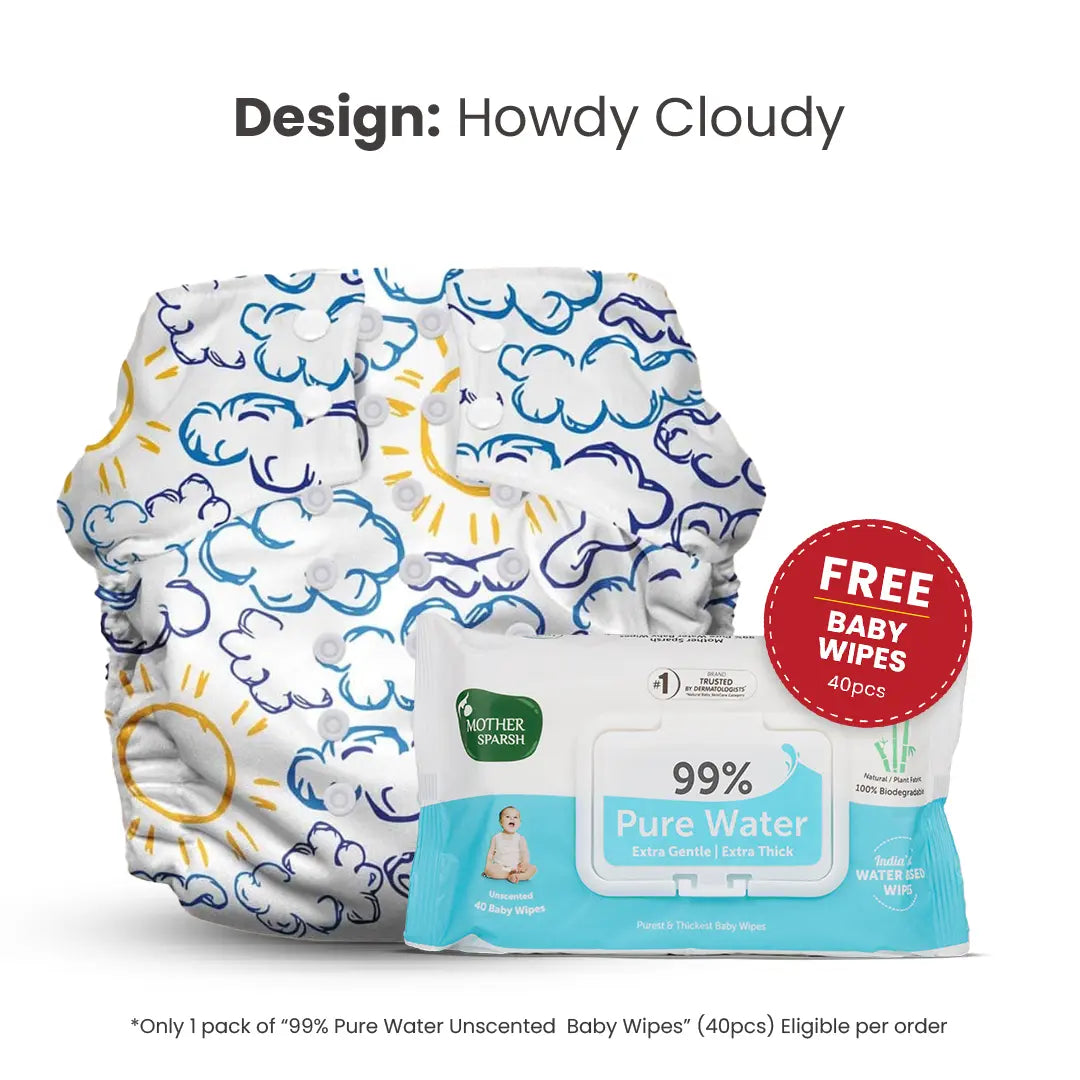 Mother Sparsh Howdy Cloudy Clothe diaper with free 99% Pure water baby wipes  