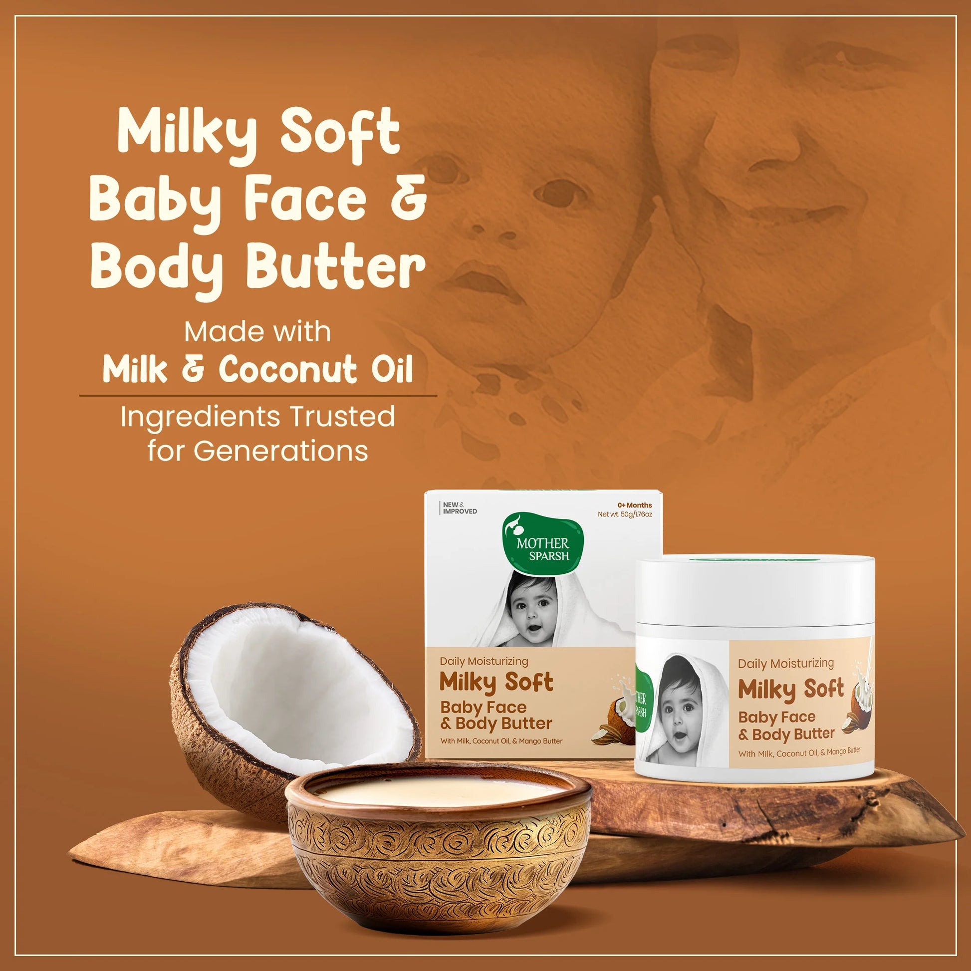 Mother Sparsh Milky Soft Baby Face and Body Butter jar with fresh coconut showcasing natural milk and coconut oil ingredients trusted for generations