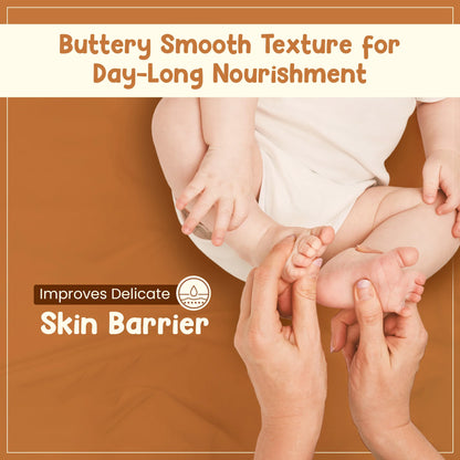  Baby hands and feet showing Mother Sparsh Milky Soft Body Butter improving delicate skin barrier with buttery smooth texture for day-long nourishment