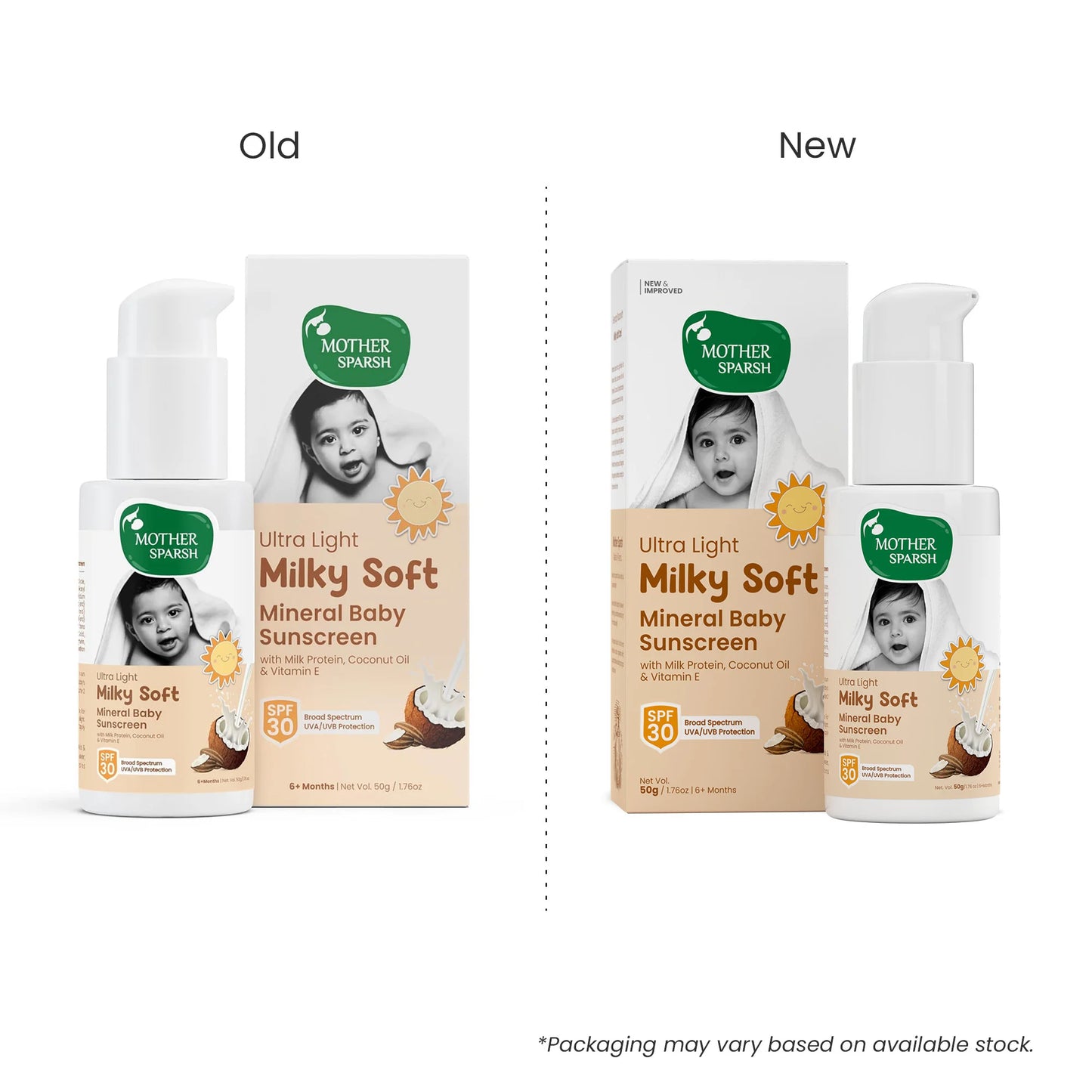  Comparison of old vs new packaging of Mother Sparsh Milky Soft Baby Sunscreen 50 g showing refreshed design