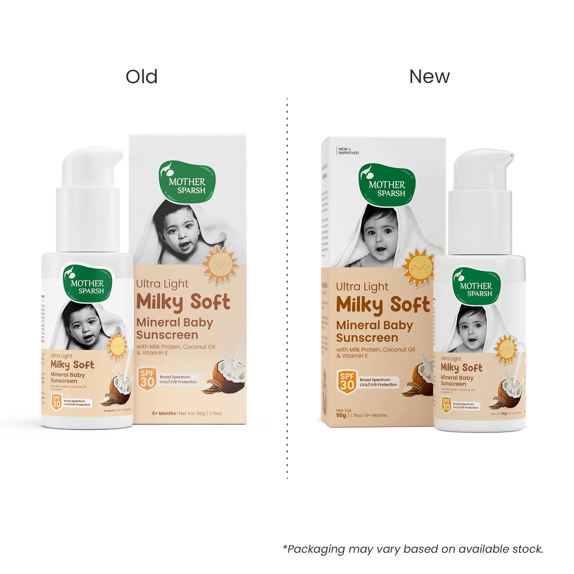  Comparison of old vs new packaging of Mother Sparsh Milky Soft Baby Sunscreen 50 g showing refreshed design