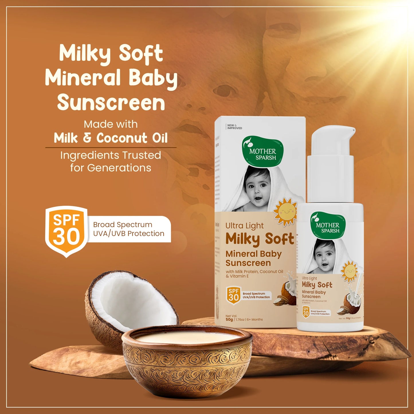 Close-up of Mother Sparsh baby sunscreen pump showing mineral zinc oxide formula for gentle UVA/UVB protection
