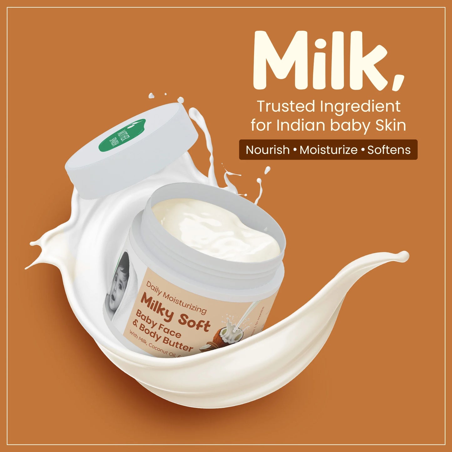 Mother Sparsh Daily Moisturizing Milky Soft Baby Face and Body Butter jar with milk splash, coconut oil and mango butter ingredients for 0+ months