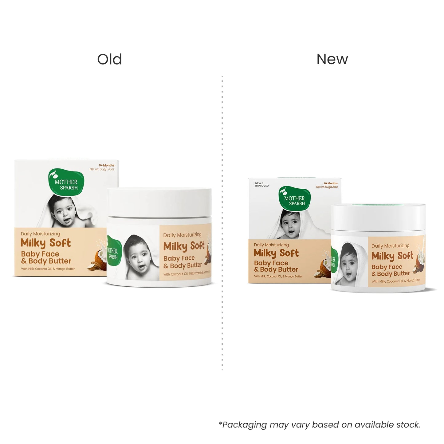 Mother Sparsh Milky Soft Baby Face and Body Butter old versus new improved packaging comparison with milk, coconut oil and mango butter formula