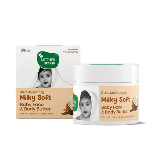  Mother Sparsh Daily Moisturizing Milky Soft Baby Face and Body Butter 50g jar with new improved packaging, milk protein and coconut oil formula