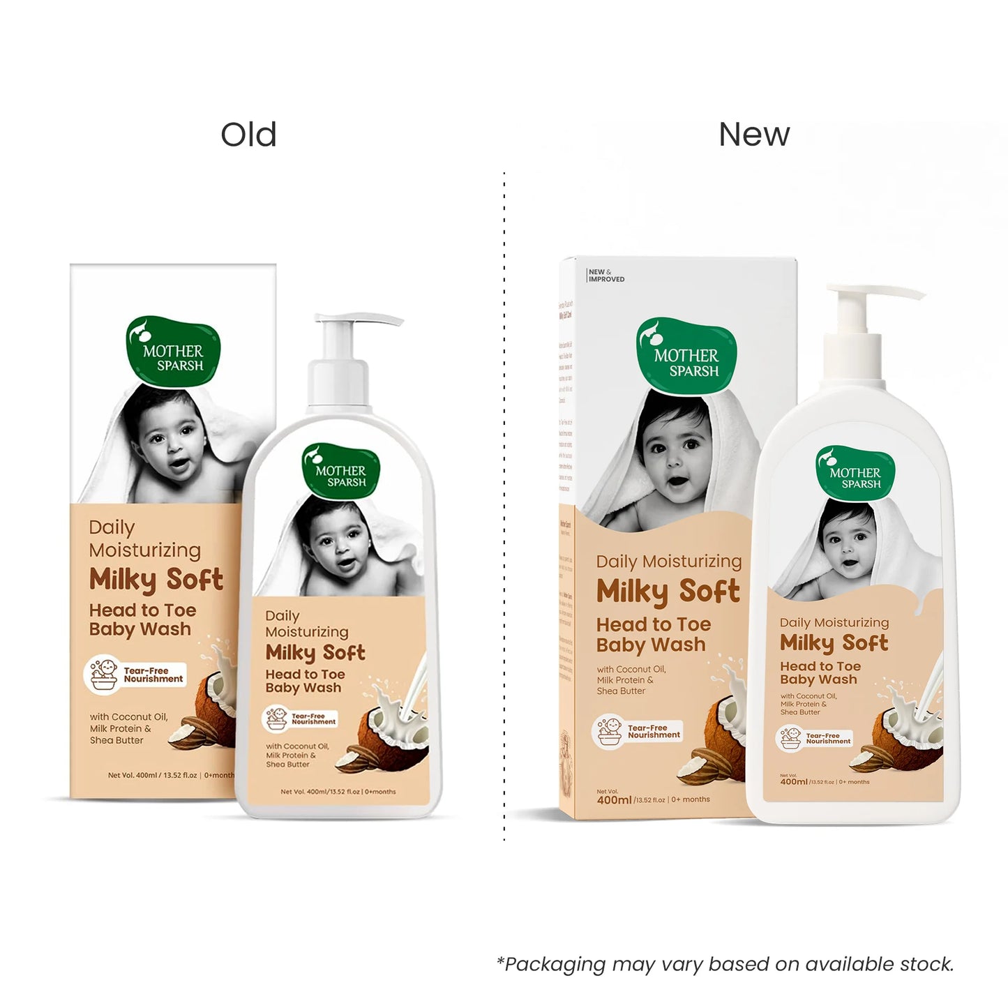Mother Sparsh Daily Moisturizing Milky Soft Head to Toe Baby Wash with coconut oil, milk protein and shea butter, Old and New Packages