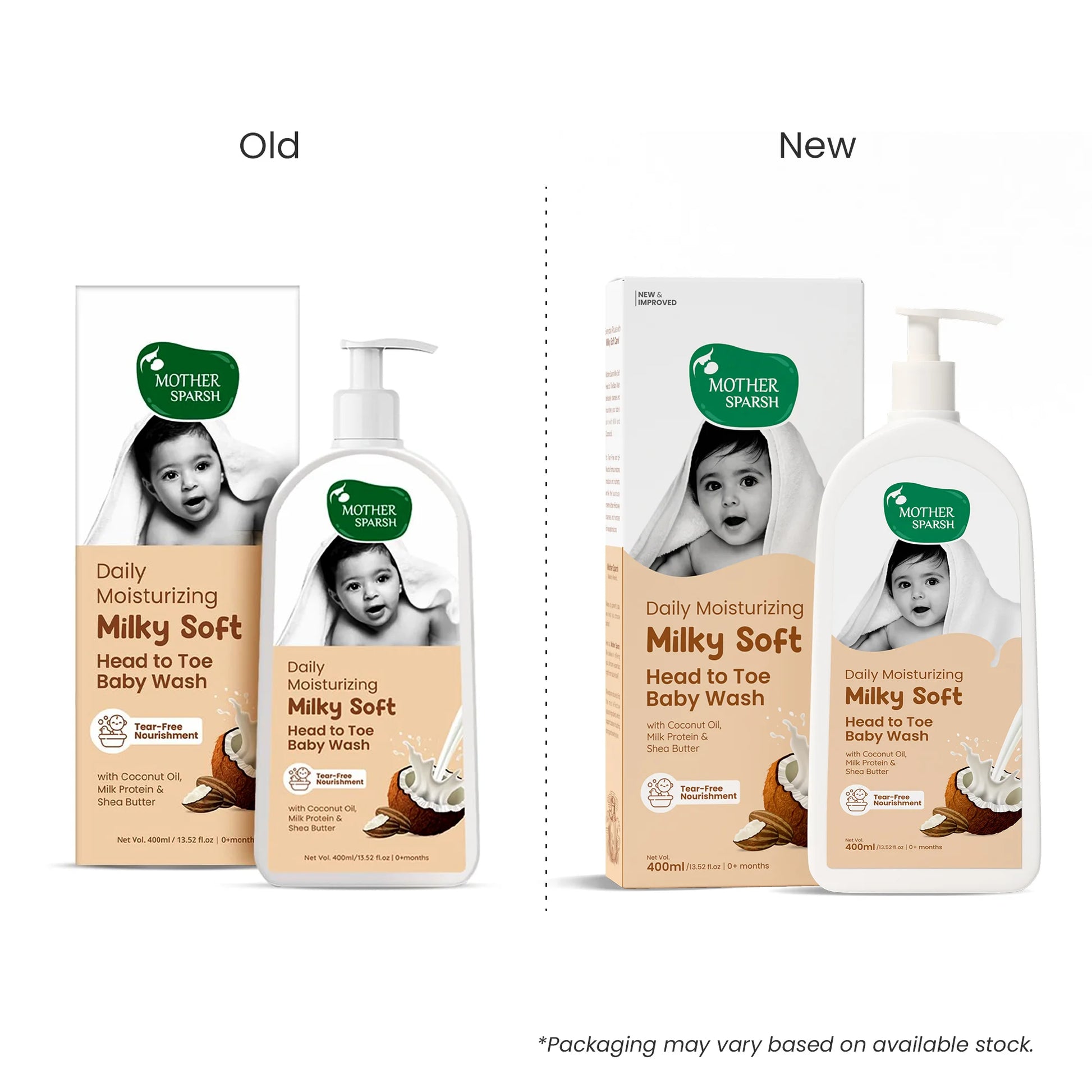 Mother Sparsh Daily Moisturizing Milky Soft Head to Toe Baby Wash with coconut oil, milk protein and shea butter, Old and New Packages